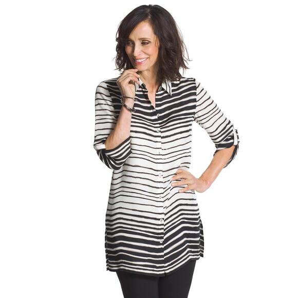 Chico's Striped Button Down Tunic Ombre SZ 0 (S,4)  Black White 3/4 Sleeve - Picture 1 of 11